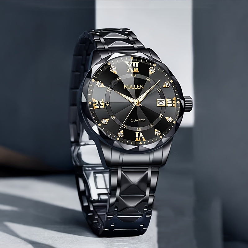 Men's Stylish Business Quartz Watch with Stainless Steel Strap & Alloy Case, Round Blue Dial with Golden Accents – Elegant Analog Display for Formal Occasions, Valentine's Day, Thanksgiving, and Ramadan Gifts