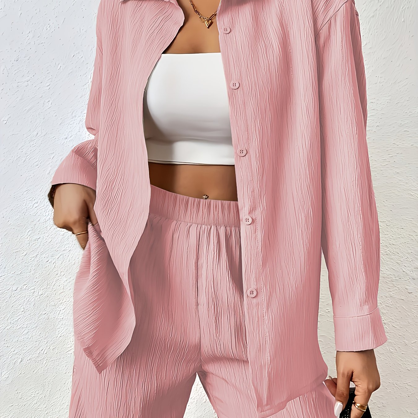 Women'S Casual Solid Color Long Sleeve Shirt + Long Pants 2pcs Set for Spring And Autumn.