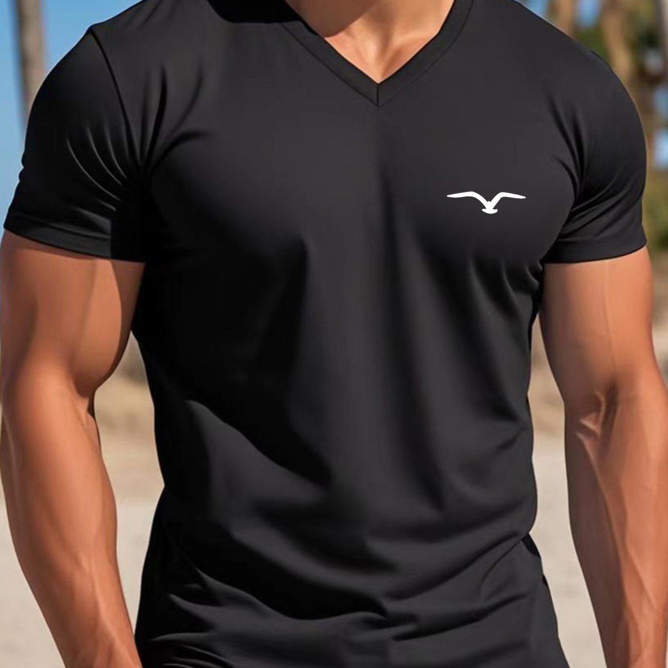 Men's Lightweight Black V-Neck T-Shirt with Seagull Print - Casual Short Sleeve Summer Top, Breathable & Stretchy Fabric, Perfect for Casual Attire or Beach Outings, Outdoor Activity Shirt | Simple Style Tee | Durable Casualw