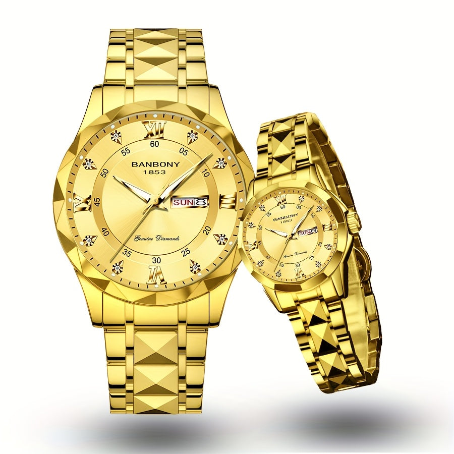 2pcs Couple Watch BANBONY Brand Trendy Fashion Men's and Women's Quartz Watch Stainless Steel Strap with Rhinestone Luminous High-definition Disc Waterproof Night Light Display Week Calendar Display Wristwatch Holiday Gift fo