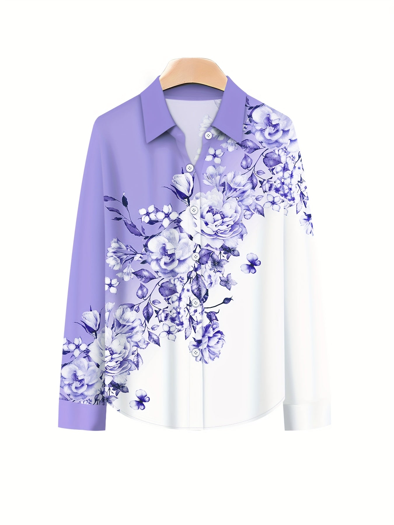 Women'S Elegant Set of Contrasting Floral Print Long-Sleeve Lapel Shirt Top And Solid Color Loose Pants Two-Piece Set