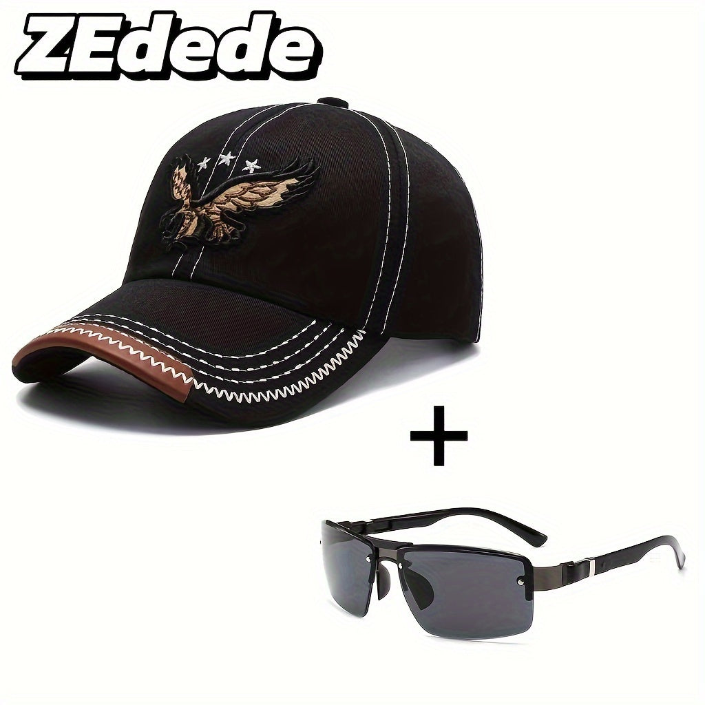 2pcs ZDEDE 3D Eagle Embroidered Baseball Cap - Stylish & Durable Adjustable Snapback Hat with Faux Leather Patch, Black Polyester for Outdoor Sports & Casual Wear - Perfect for Men & Women