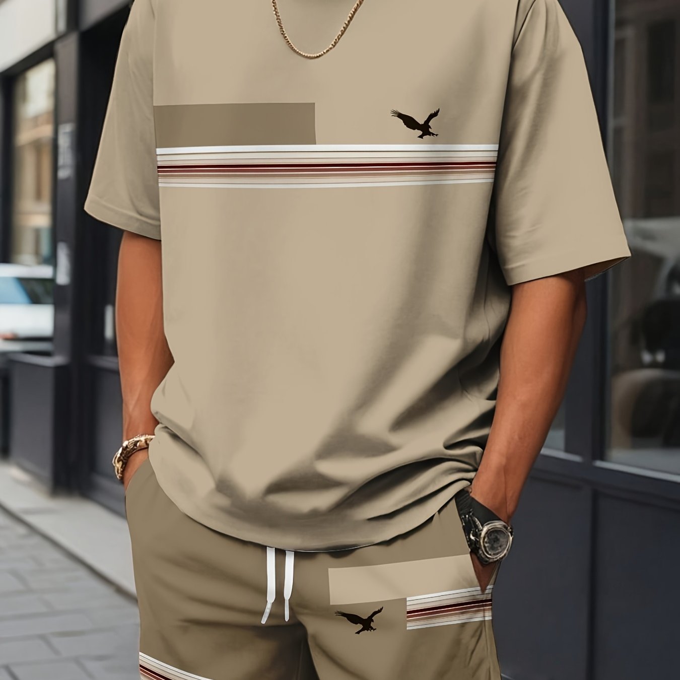 Men'S Casual Summer Two-Piece Athletic Wear Set - Light Blue T-Shirt with Green & White Stripes, Matching Shorts, Perfect for Daily Leisure, Vacation, and Sports, Casual Sportswear | Relaxed Fit Shorts | Stretchable Fabric