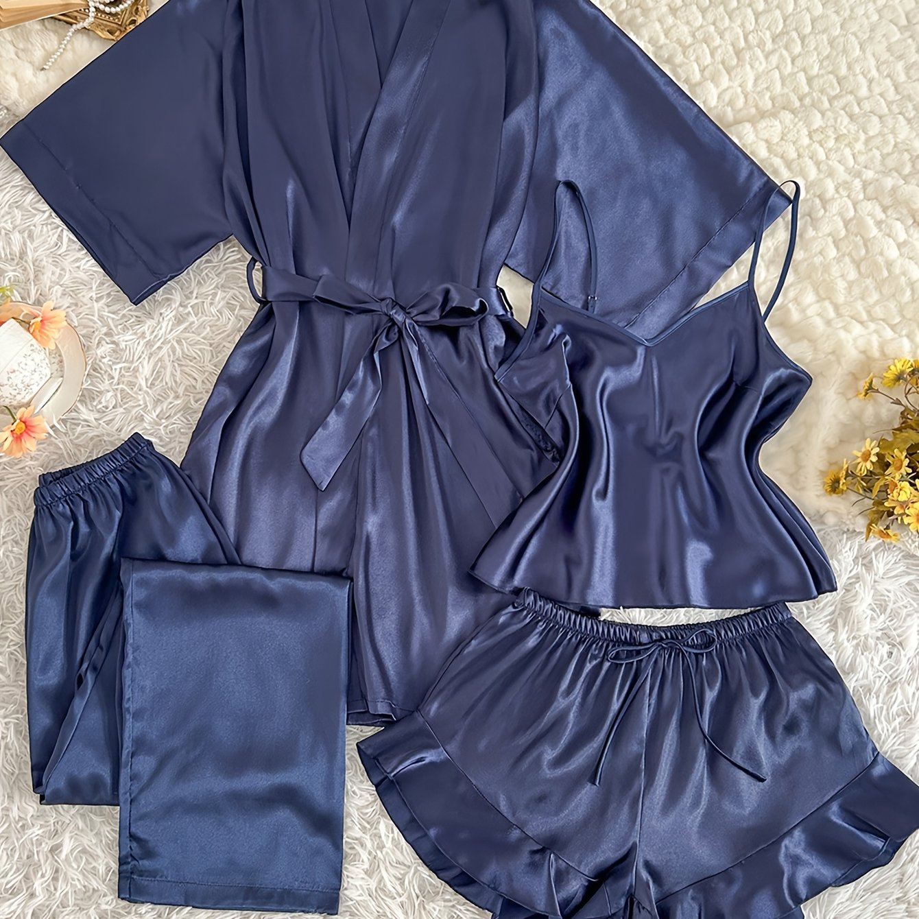 Women'S All-Season V-Neck Pajama Set - Comfortable, Sexy, Polyester 4pcs Sleepwear with Tie Waist And Drawstring Shorts, Perfect for Autumn And Winter, Autumn Winter Sleepwear | Stylish Sleepwear | Polyester Fabric
