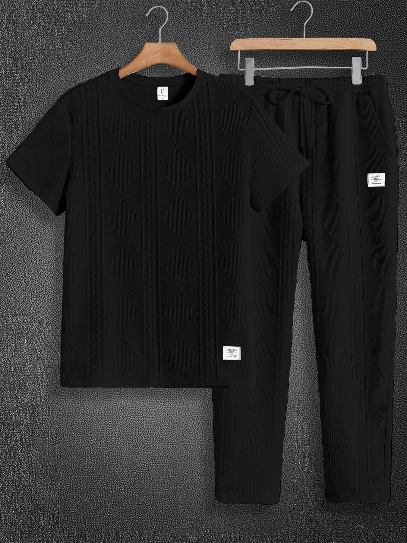 Men'S Textured Round Neck Short Sleeve Pullover & Woven Pants Pajama Set - Brown, Casual Home Wear with Drawstring Waist, Summer Comfort, Everyday Pajamas | Casual Style | Comfortable Fit, Pajamas