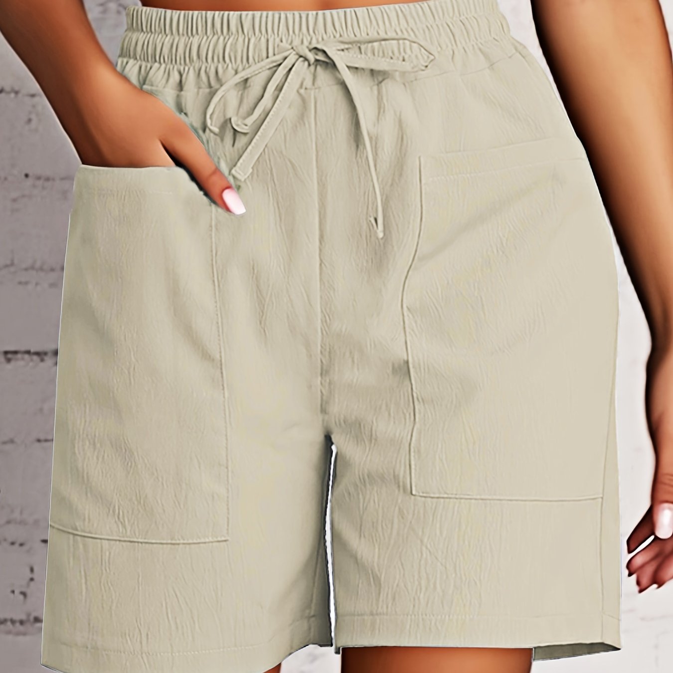 Women's Beige Cargo Shorts - Casual & Stylish, Solid Color with Drawstring Waist and Pockets, Polyester Blend, Machine Washable, All-Season Comfort