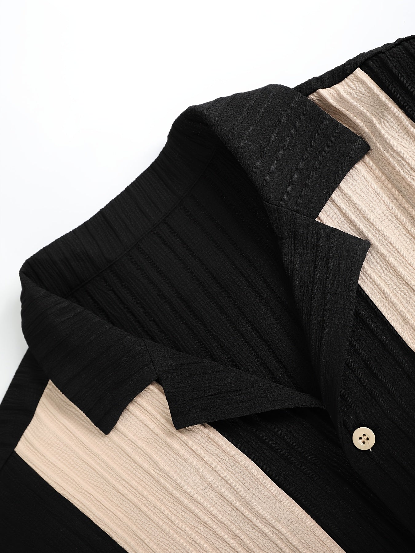 Men'S Color Block French Stripe Short Sleeve Shirt and Pants Set - Casual Button-Up Blazer with White Stripes, Dark Green Pants, Regular Fit for Casual Attire, Versatile Menswear | French Stripe Design | Nonstretch Fabric