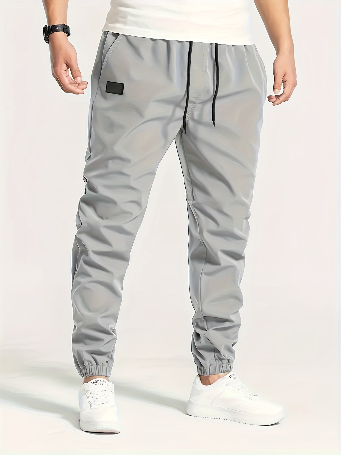 Men's Solid Color Drawstring Cargo Pants - Casual, Loose Fit with Multiple Pockets, Machine Washable