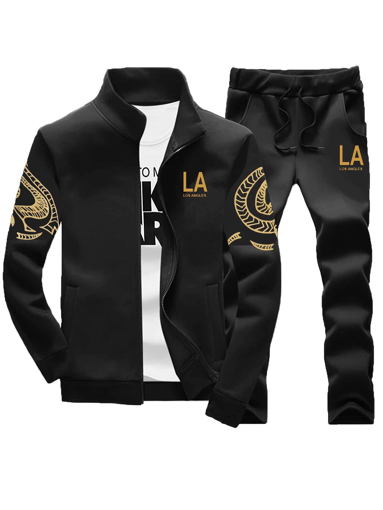 Men's Casual Print Sweatshirt & Joggers Set - Polyester, Stand Collar, Zip-Up Jacket for Spring/Fall