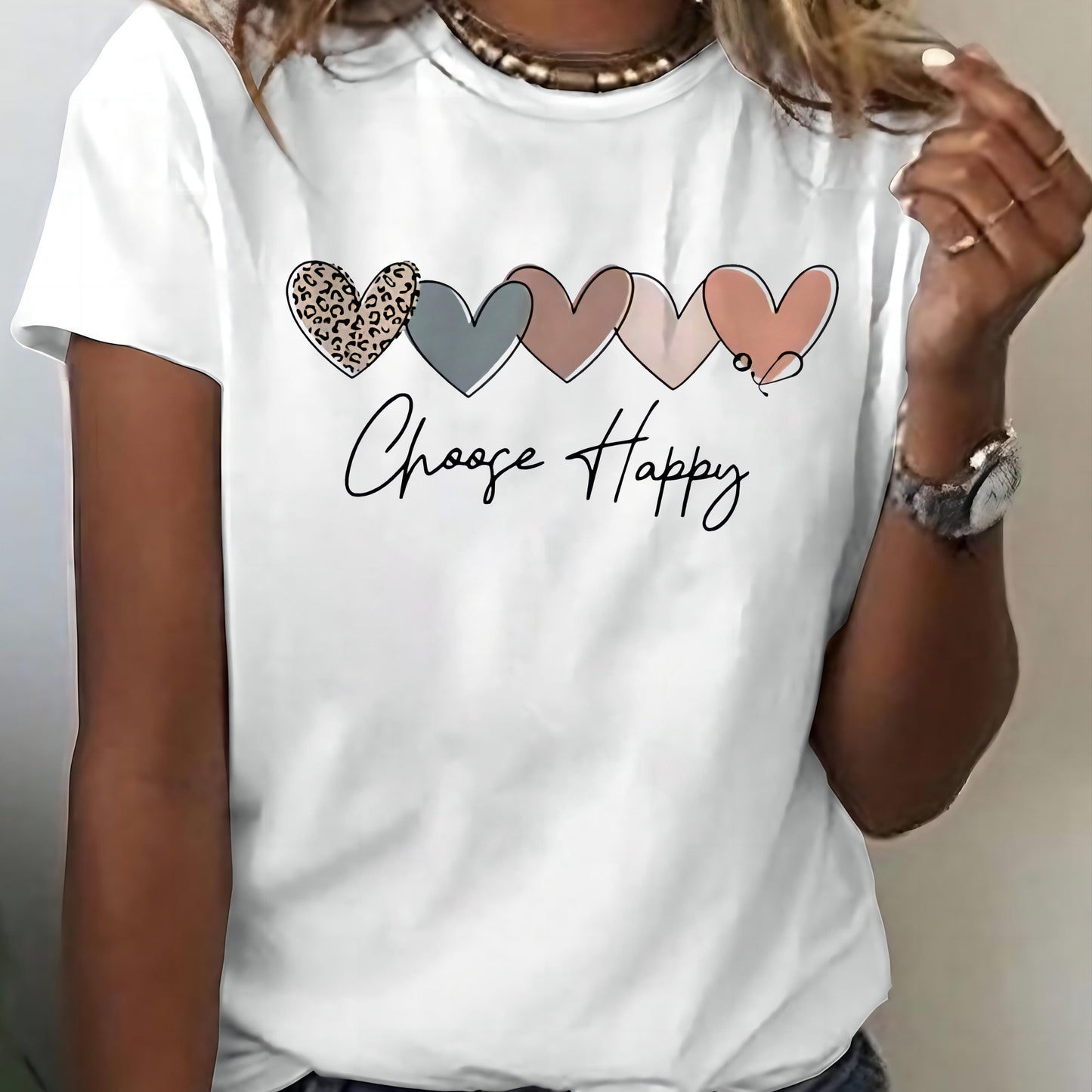 Women's Casual Sport T-Shirt, Round Neck, Heart And Happy Print, Short Sleeve, Soft Knit