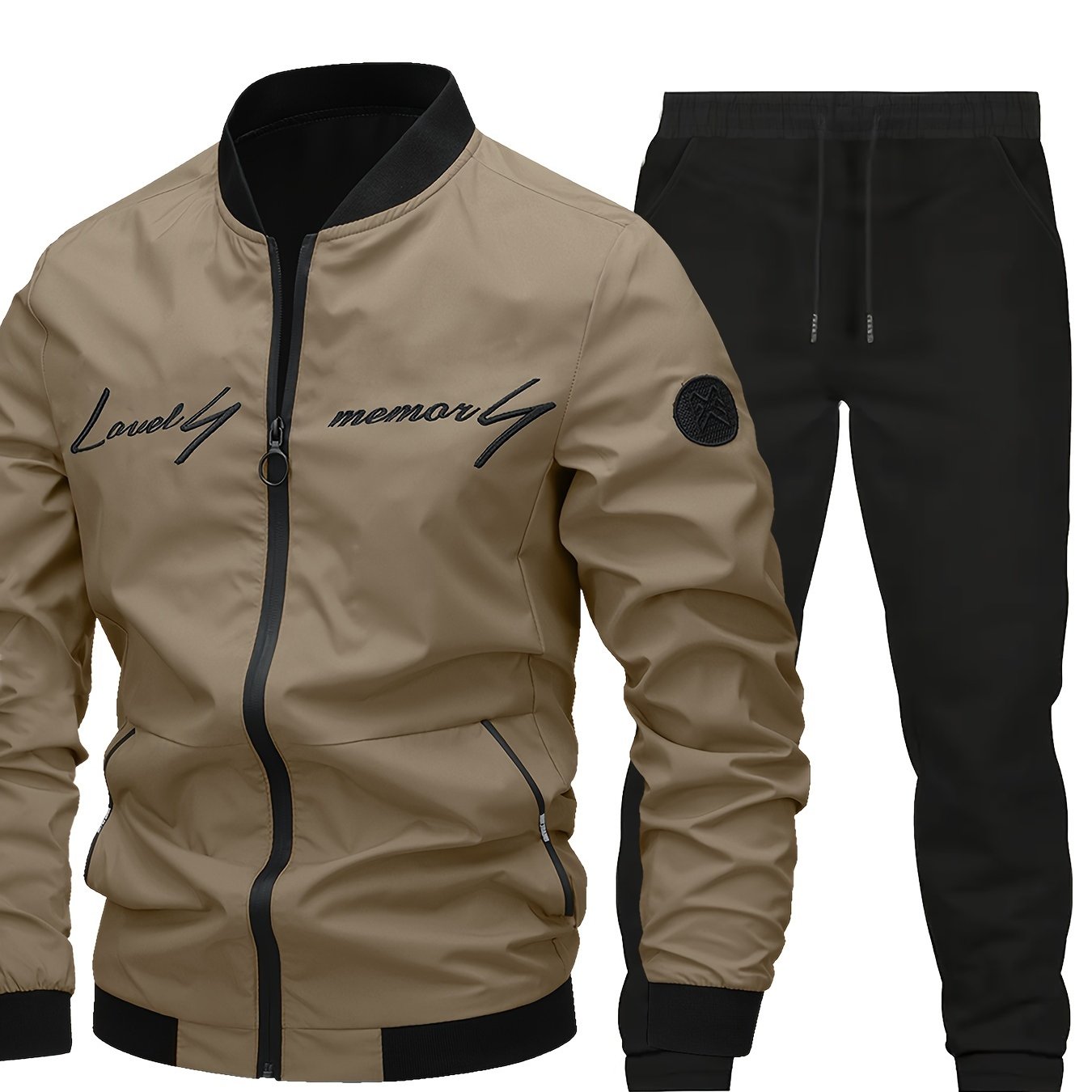2pcs Men's Classic Bomber Jacket & Jogging Pants Set - Sleek Black with Letter Embroidery, Elastic Cuffs & Waistband, Durable Polyester, Perfect for Outdoor Activities & Casual Wear, Jogging Suits