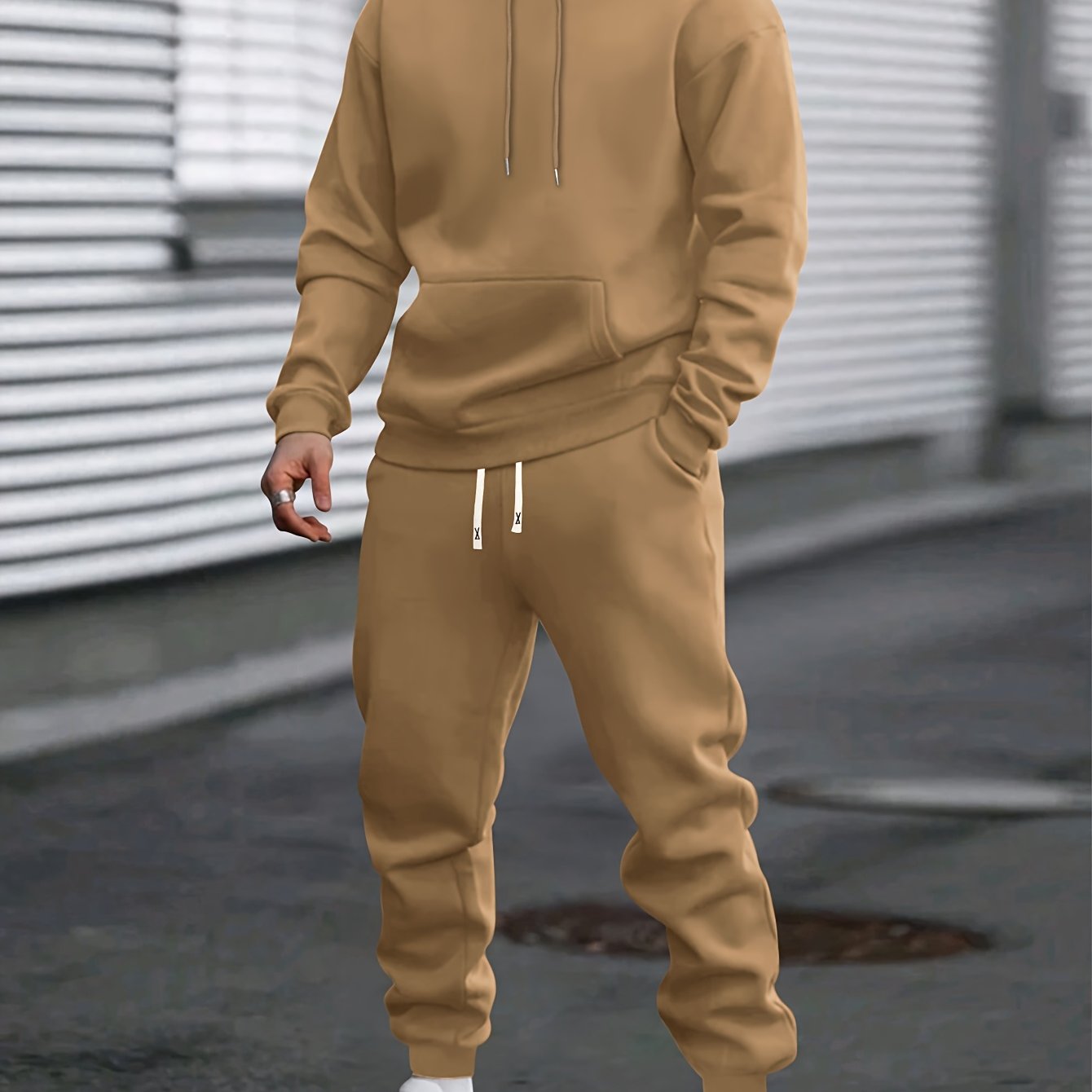 1set Men'S Casual Sports Suit, Polyester Hooded Sweatshirt and Jogger Pants Set, Solid Color, Elastic Waist, Cuffed Ankles, Knit Pullover with Pockets, Regular Fit for Outdoor Running and Jogging - Spring/Autumn Collection