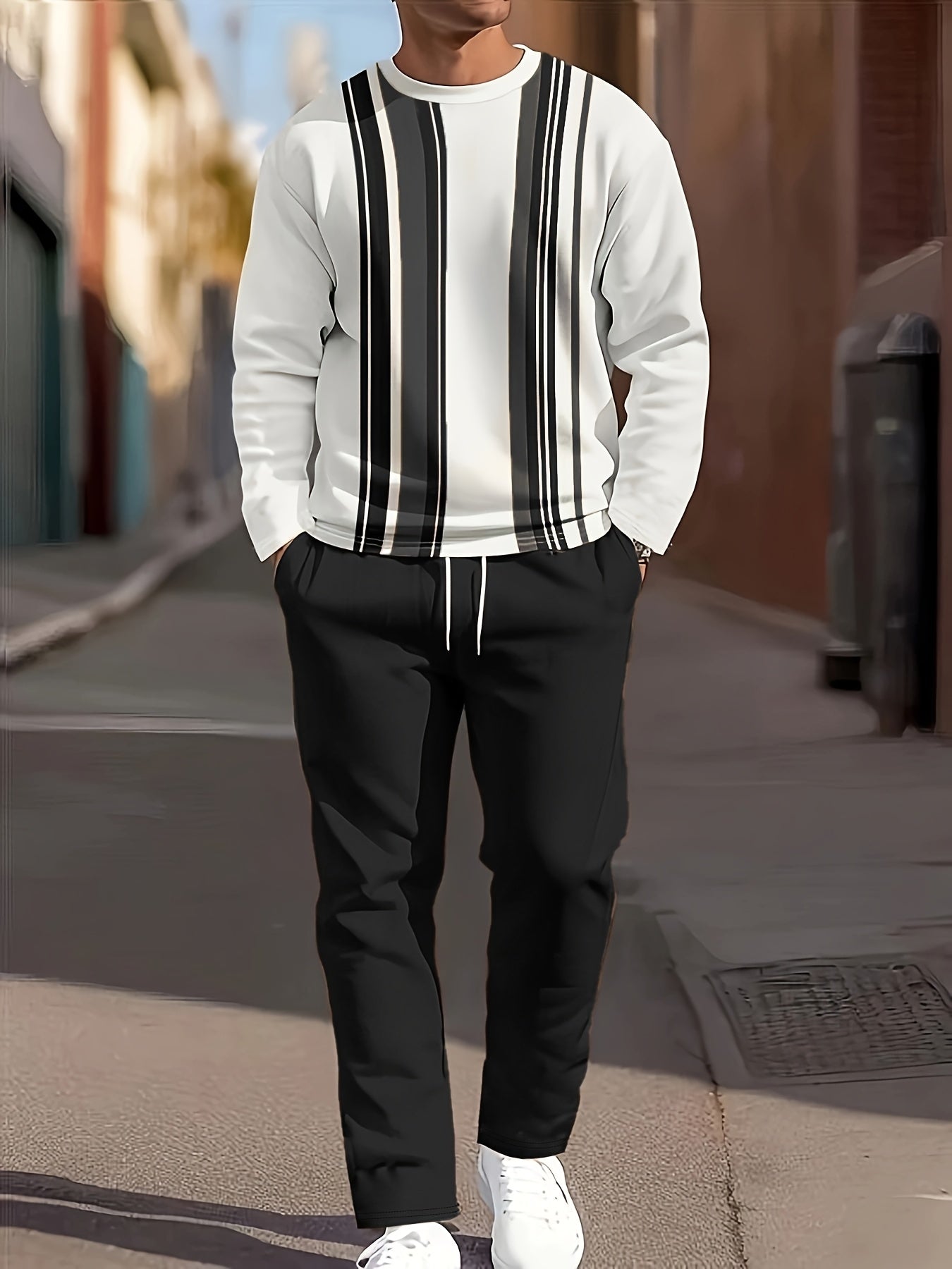 Men's Casual Fashion Round Neck Sweatshirt & Joggers Set - Polyester, Machine Washable, Printed Design for Spring/Fall