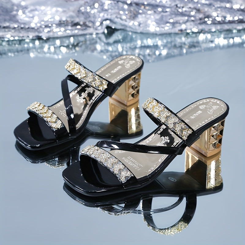 Elegant Women'S Summer Sandals - Sexy Open Toe with Glittering Square Toe, High Heel, and Rubber Sole for Outdoor Wear, Summer Footwear | Chic Sandals | Glossy Finish, Strappy Sandals