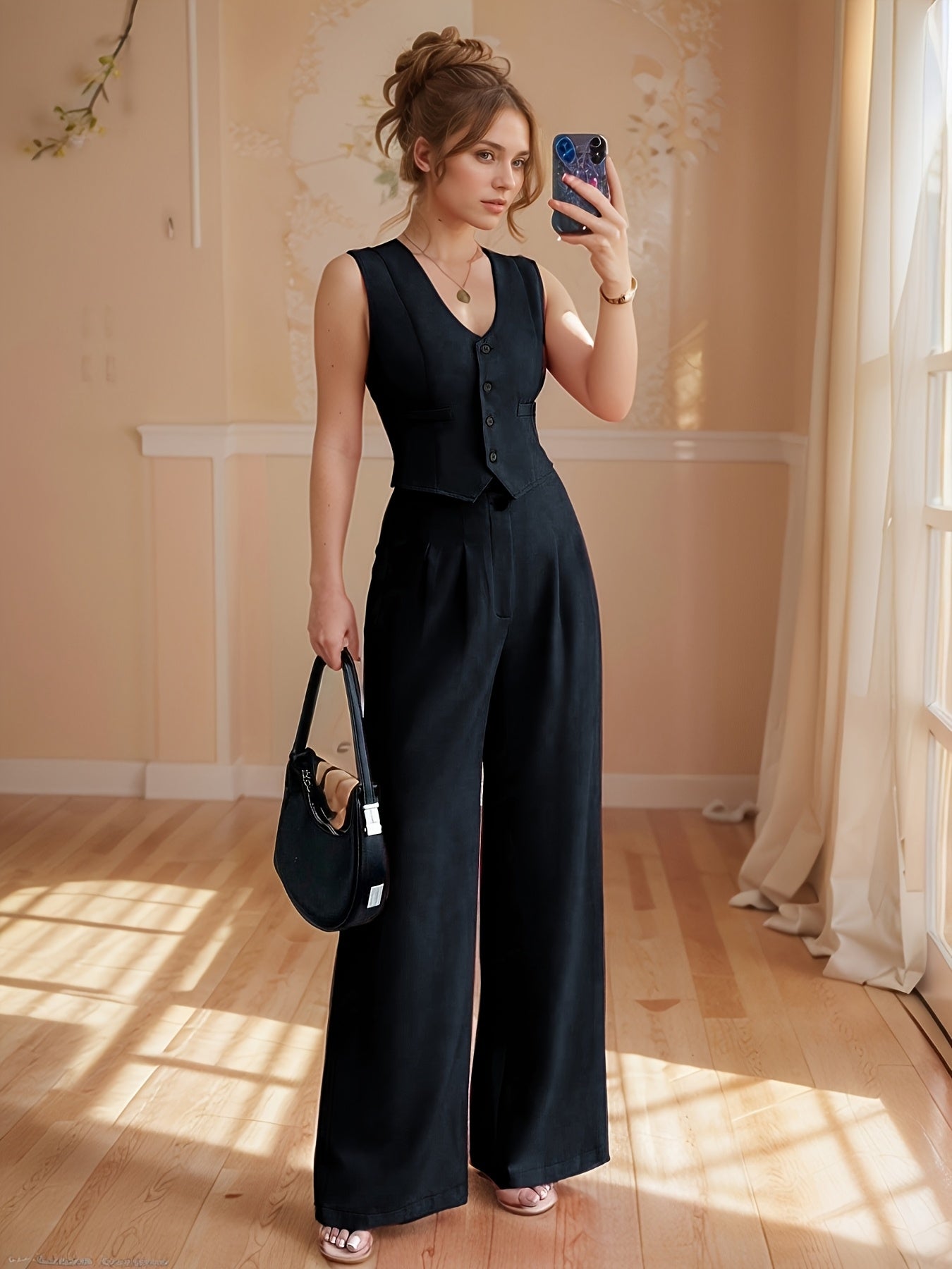 Design-Savvy Red Mini-Chic Sleeveless Suit Vest and Wide-Leg Pants Two-Piece Set