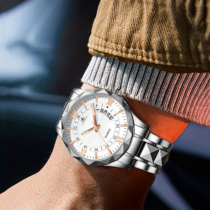 A New FOURRON Brand Men's Quartz Watch With Stainless Steel Strap And Case, Trendy And Luxurious Multi-functional Roman Numeral Dial, Luminous Watch, A Great Gift For Friends' Birthdays, Holidays, And Parties.