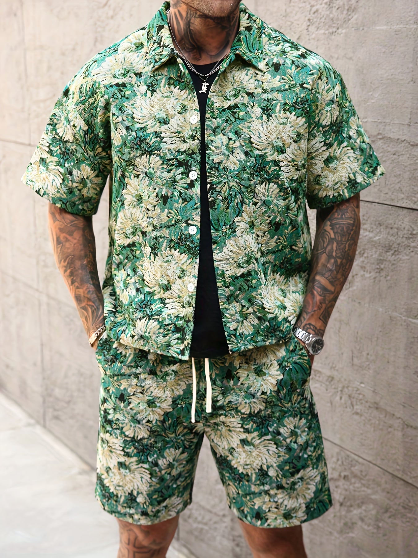 Men'S Summer Casual Short Sleeve Shirt & Shorts Set - Tropical Print, Loose Fit, Button-Up with Collar, Lightweight Polyester Fabric for Outdoor & Leisure Activities, Summer Casual Wear | Tropical Print Shirt | Lightweight Fa