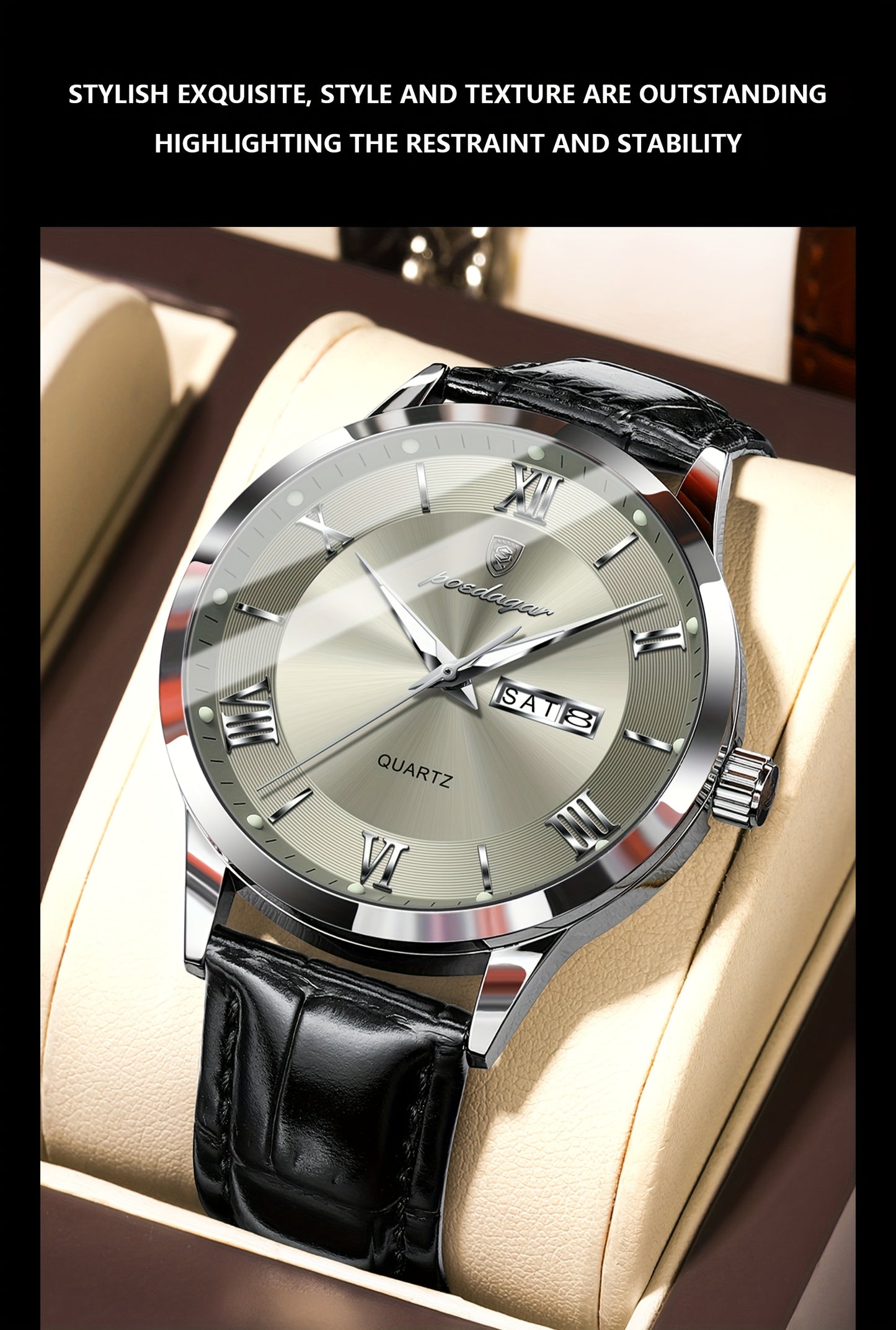 Luxury Leather Strap Men's Watch Waterproof Luminous Calendar Week Wristwatch Simple Business Fashion Sports Men's Watch