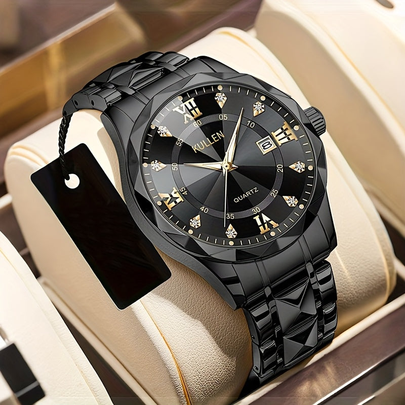 Men's Stylish Business Quartz Watch with Stainless Steel Strap & Alloy Case, Round Blue Dial with Golden Accents – Elegant Analog Display for Formal Occasions, Valentine's Day, Thanksgiving, and Ramadan Gifts