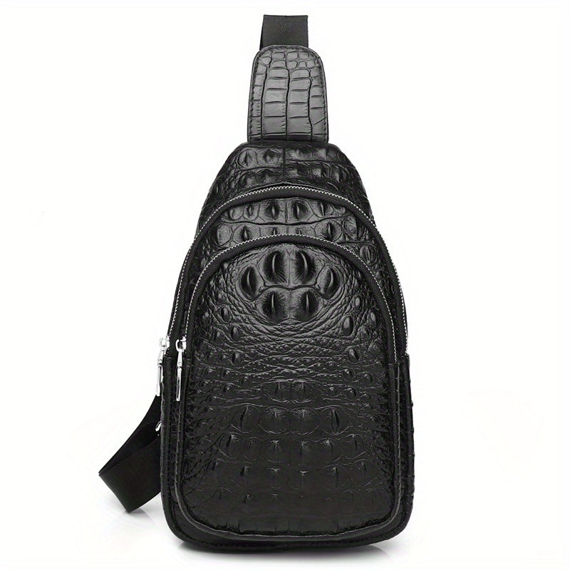 SCHLATUM Genuine Leather Crocodile Pattern Sling Bag - Black, Large-Capacity Multifunctional Crossbody Backpack for Travel, Sports & Camping, Stylish Zipper Closure Design
