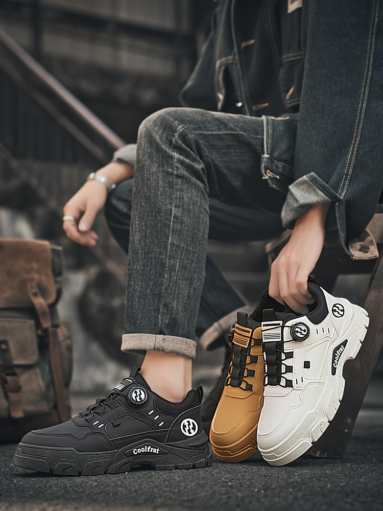 Men's Solid Color Skate Sneakers - Adjustable Rotating Buckle Straps, Slip-Resistant PVC Sole & Durable PU Upper, Low-Top Lace-Up Design for Hiking, Walking, Daily Wear - All-Season Casual Streetwear Shoes, Skate Shoes