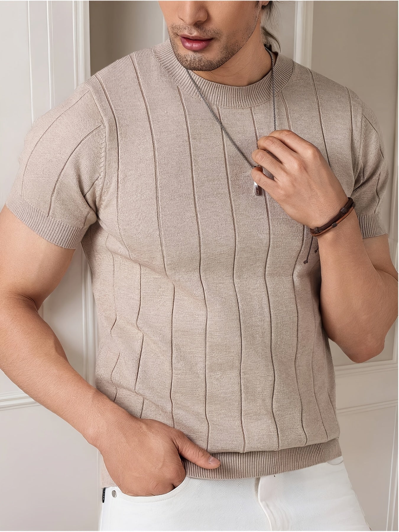 Men's Slim Fit Striped Textured Knit Crew Neck T-Shirt - High Elasticity Short Sleeve Casual Top for Spring/Autumn, Breathable Daily Leisurewear, Spring Fashion, Classic Style, Durable Construction, Pullover Shirt, Stylish Me