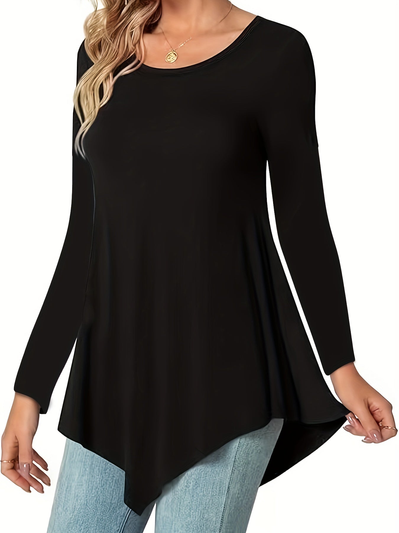 Women's Casual Long Sleeve Tunic Top, Polyester 95% Spandex 5% Knit Fabric, Solid Color Crew Neck Blouse for Spring/Summer/Fall, Spring Summer Blouse|Tunic Style|Solid Color Top