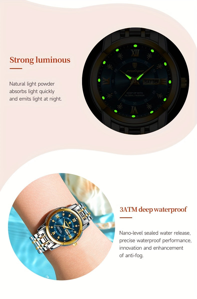 POEDAGAR Elegant Stainless Steel Quartz Watch for Women, Luminous Calendar, Round Alloy Case, Trendy Korean Style, Non-Rechargeable Battery, Watch Accessories