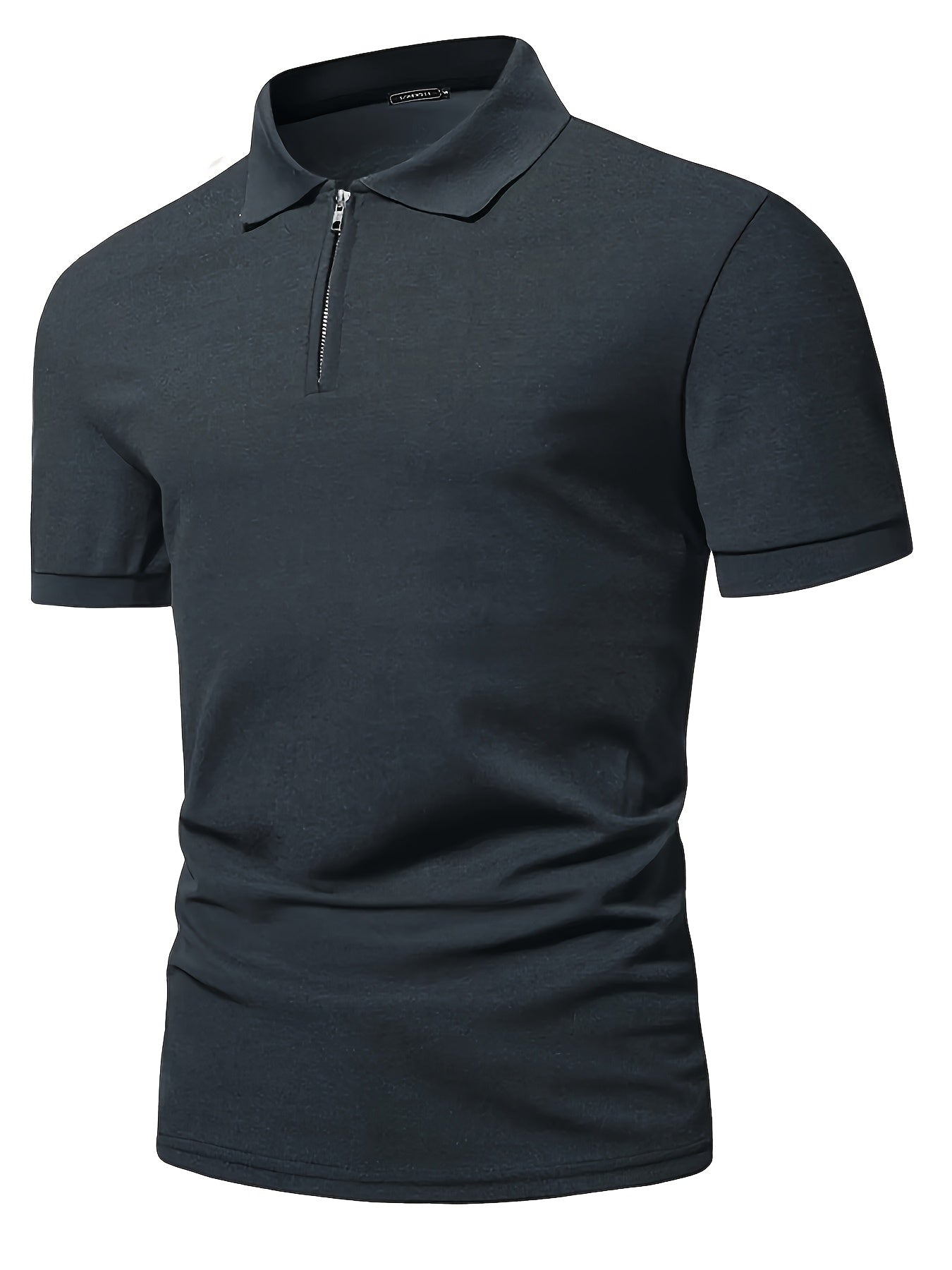 Casual Stretch Men's Solid Color Zipper Lapel Golf Shirt, Male Summer Streetwear