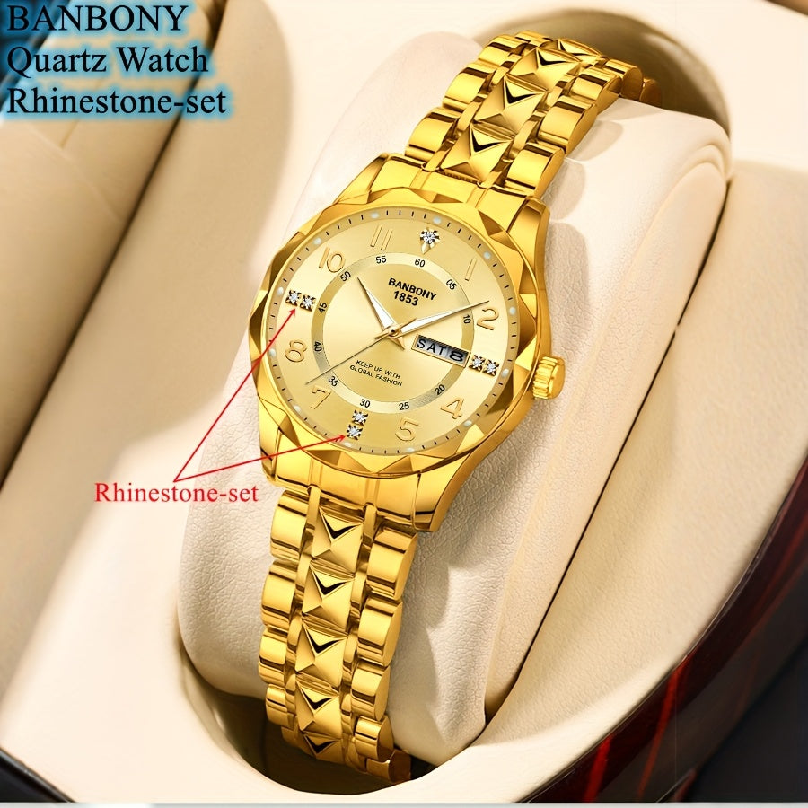 Banbony Women'S Quartz Watch - Luxury IPX7 Waterproof Stainless Steel Strap, Luminous Display, Rhinestone Accents, Date & Night Light, Minimalist Black Dial, Perfect Gift for Women, Casual Timepiece, Elegant Timepiece, Highqu