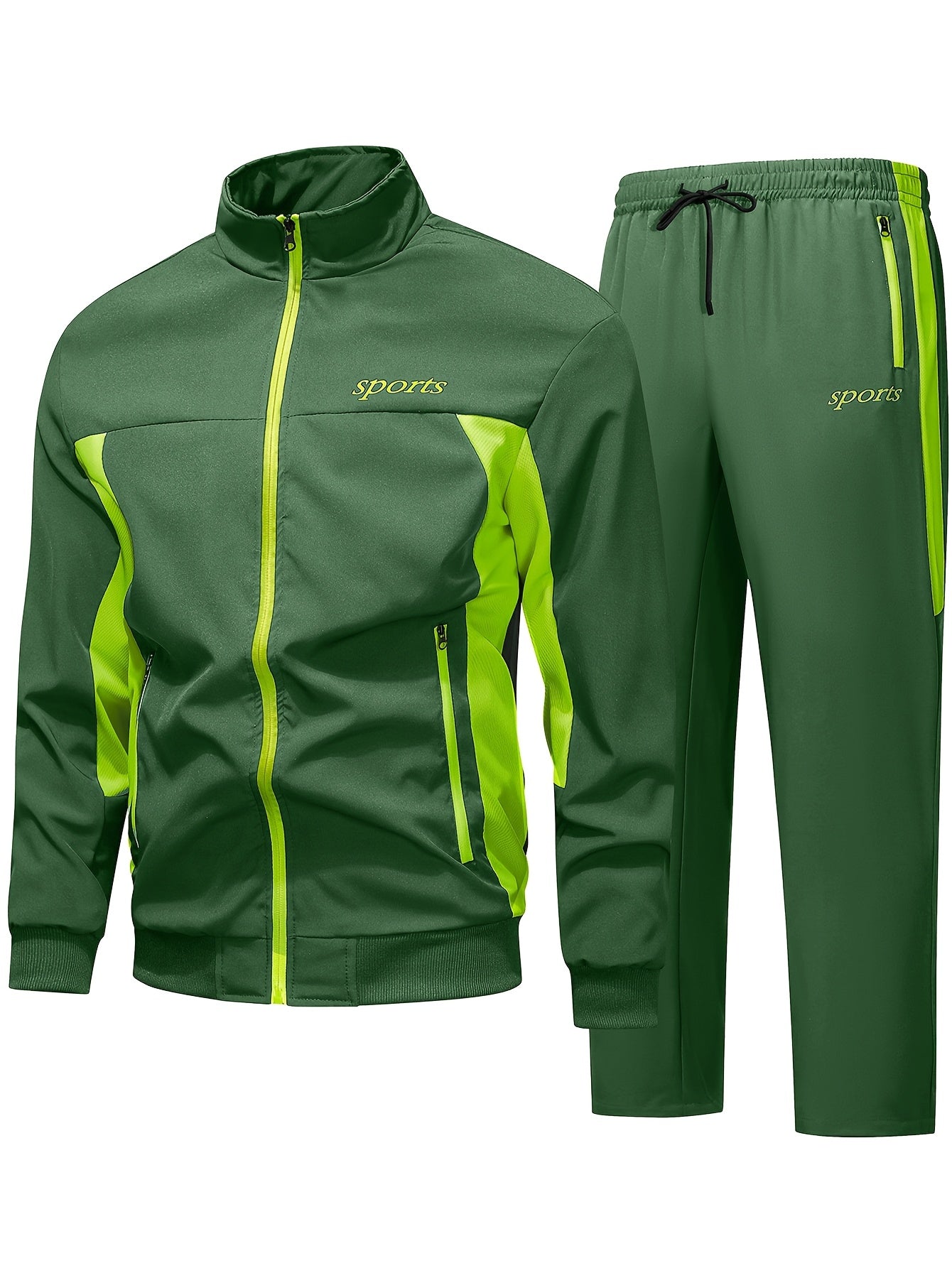 Men's Two-Tone Spliced Jacket and Pants Set in Fluorescent Green with 'Sports' Letter Print, Eye-Catching Fashion Design, Comfortable Soft Fabric, Essential Outfit for Home or Outdoor Wear TZ8030