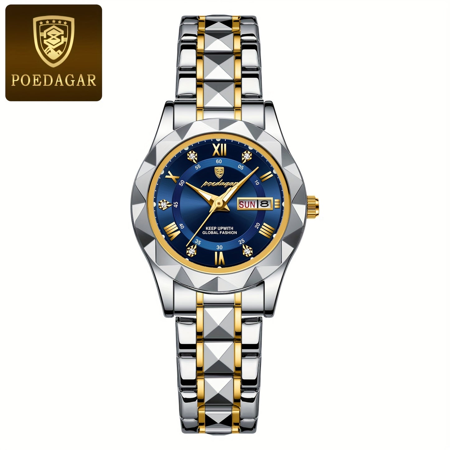 POEDAGAR Women's Elegant Stainless Steel Quartz Watch with Luminous Blue Dial, Roman Numerals, Date Calendar, IPX7 High Quality & -Accented Band for Casual & Formal Wear
