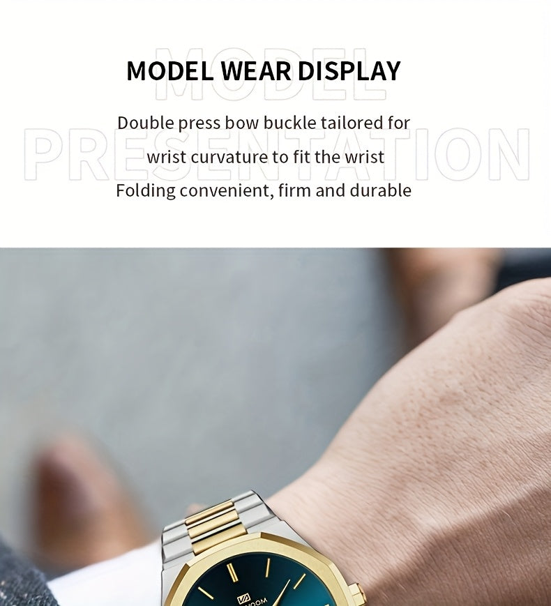 1pc Men'S Luxury Business Style Watch - Blue & Golden Stainless Steel, 42mm, Dual Calendar Quartz Movement, VA VOOM Brand, Outdoor Sports & Leisure Gift, Outdoor Sports Watch | Elegant Watch Design | Quartz Watch Movement, Lu