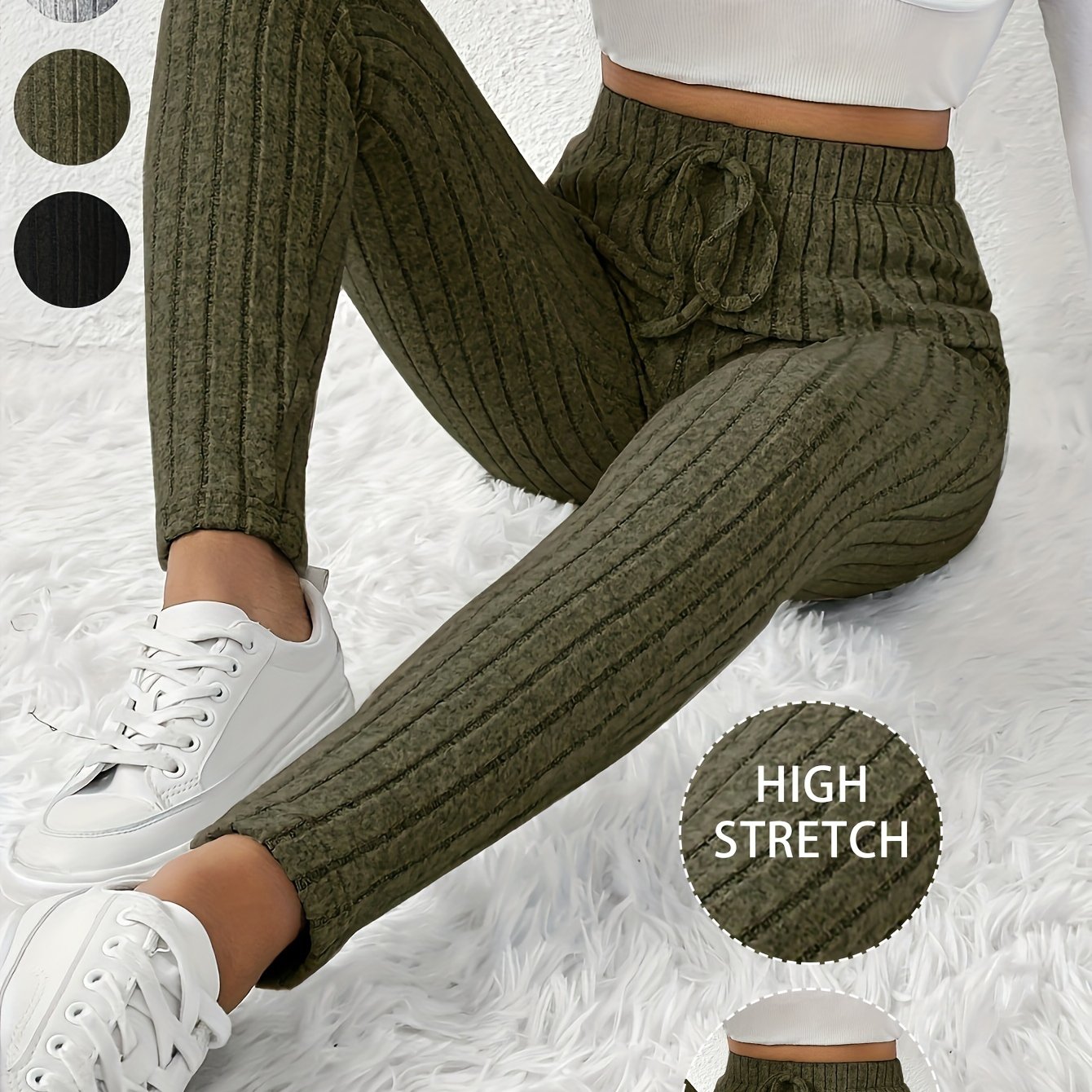 High-Waisted Drawstring Skinny Knitted Pants For Everyday Wear - Solid Color Women's Casual Clothing