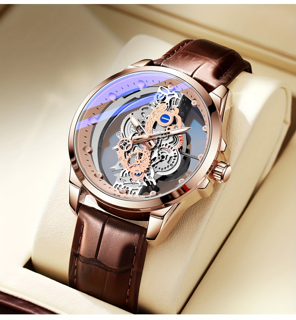 TPW Men's Rose Golden Skeleton Luminous Quartz Watch - Glamorous Luxury Wristwatch with Exposed Movement, Comfortable Metal Band, Father's Day Gift for Him, Luxury Men's Watch | Romantic Watch Design | Rose Golden Finish