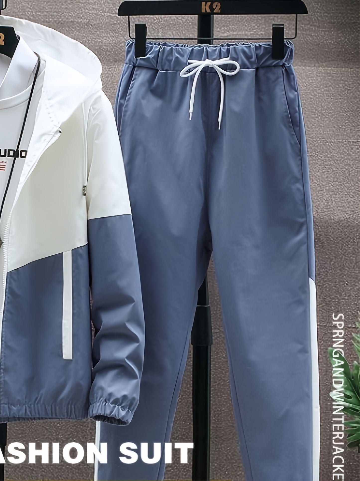 Men's Spring Autumn Outdoor Sports Training Casual Color Block Stitched Hoodie Adjustable Set Home Top and Pants Fashionable Windproof Jacket Pants Two-Piece Suit
