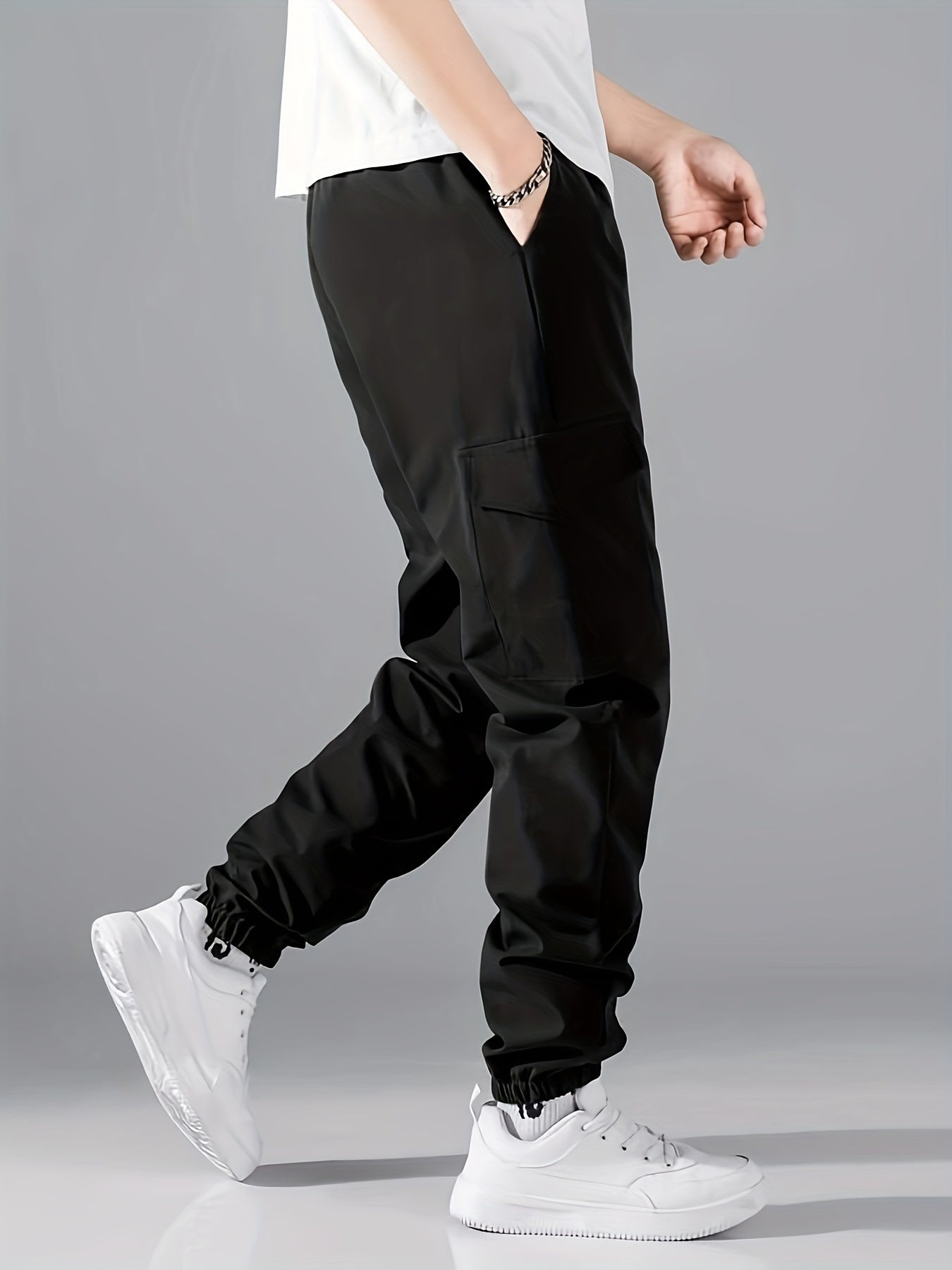Men's Casual Athletic Cargo Pants - Solid Color, Polyester, Machine Washable with Multiple Pockets