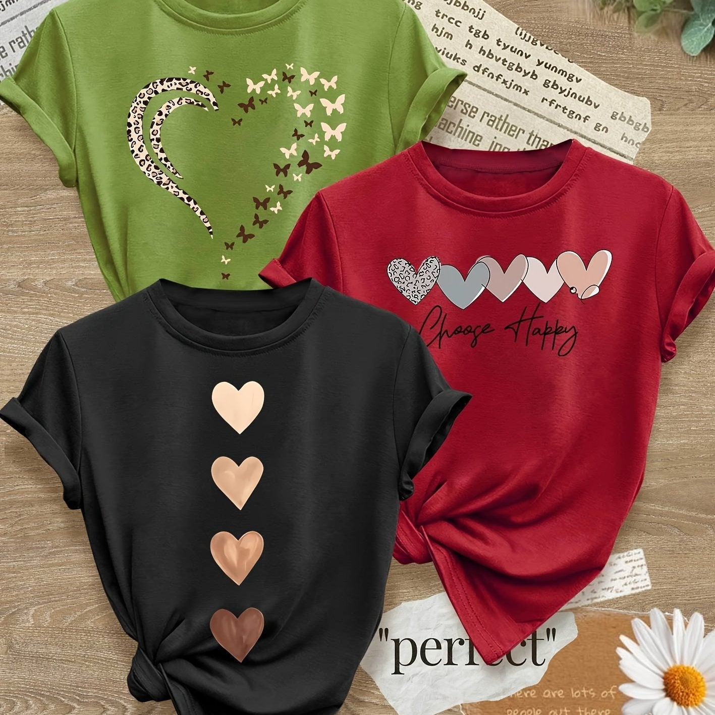 Leopard Print Small Butterfly Love Hearts in Pairs with English Letter Pattern Printed Fashion Retro Style Women's Spring, Autumn and Winter Casual Sports Top Round Neck Short Sleeve T-shirt 3pcs Combination Pack Family Pack