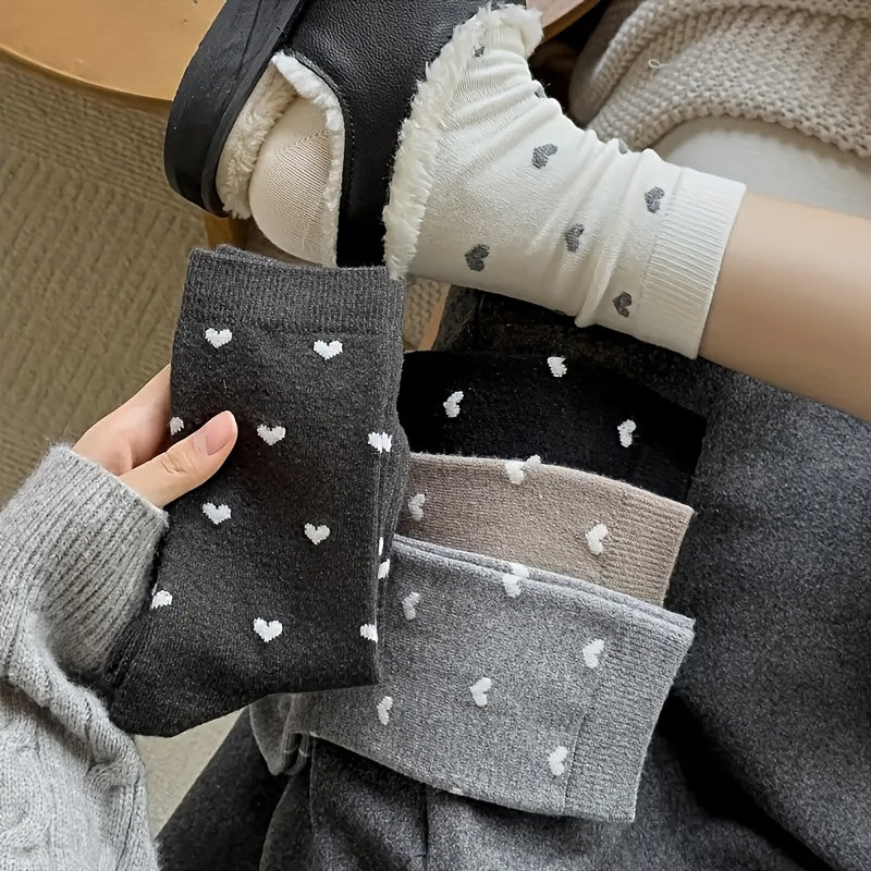 5 Pairs Women'S Heart Print Crew Socks, Polyester and Spandex Blend, Knit Fabric, Short Style, Casual Fashion, Non-Iron, Hand Wash - Black, White, Grey