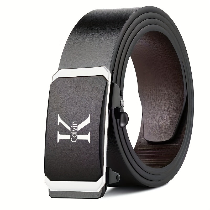 K-Letter Calvin Men'S Automatic Buckle Belt - Adjustable Faux Leather with Golden-Tone Metal Accents, Durable Casual & Formal Accessory for Jeans, Dresses - Ideal Christmas Gift, Belt for Dress, Dress Belt, Modern Belt, Quali