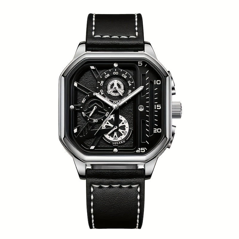 1 Casual Men's Quartz Watch, PU Leather Strap Business Watch Set Suitable for All Occasions, Jewelry Gift for Dad, Boyfriend, Suitable for All Festivals (Box Not Included)