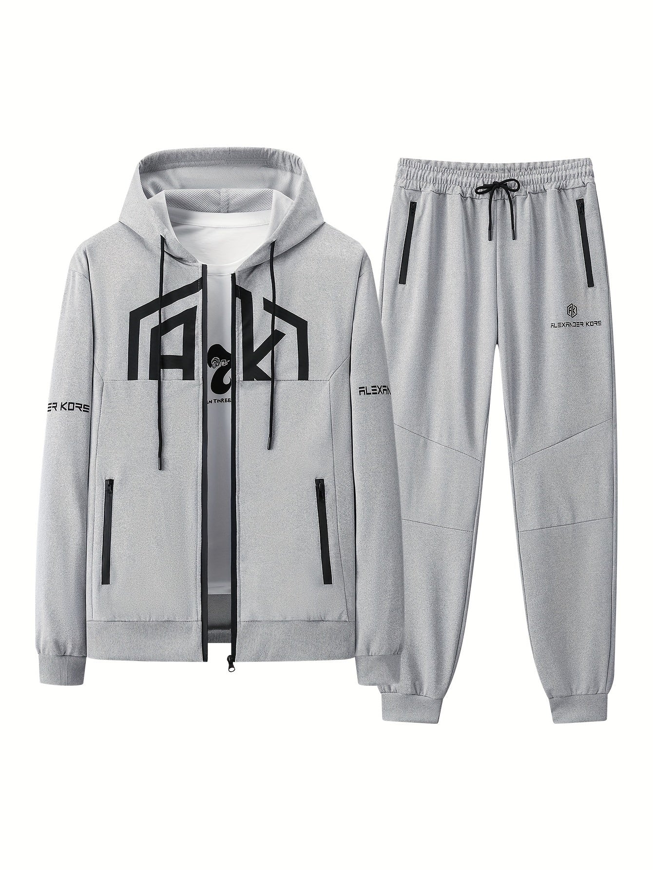 Men's AK Letter Print Long Sleeves Hoodies With Zipper Detail & Long Pants Two-piece Set, Slight Stretch Comfortable Clothing For Spring And Autumn