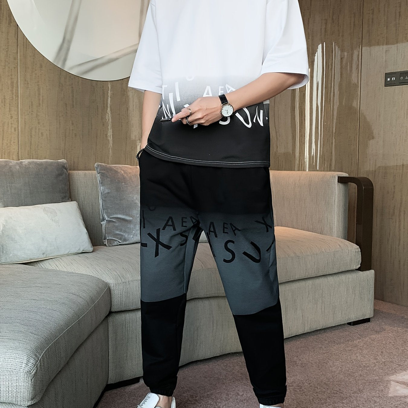 Men's Summer Casual Cotton Blend Outfit Set - Gradient Color Short Sleeve T-Shirt & Stylish Drawstring Shorts, Machine Washable