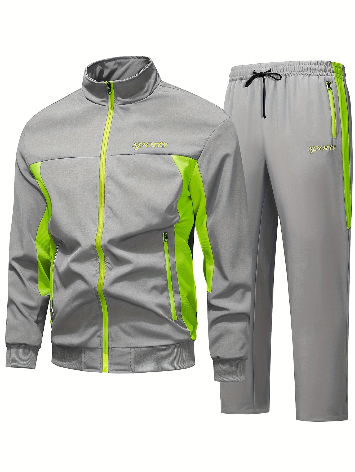 Men's Two-Tone Spliced Jacket and Pants Set in Fluorescent Green with 'Sports' Letter Print, Eye-Catching Fashion Design, Comfortable Soft Fabric, Essential Outfit for Home or Outdoor Wear TZ8030