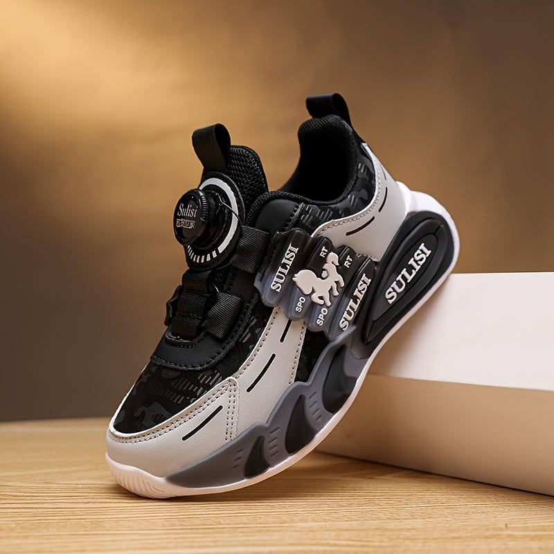 Kid's Trendy Colour Block Sneakers with Rotating Buckle, Comfy Non Slip Durable Shoes for Boy's & Girl's Outdoor Activities