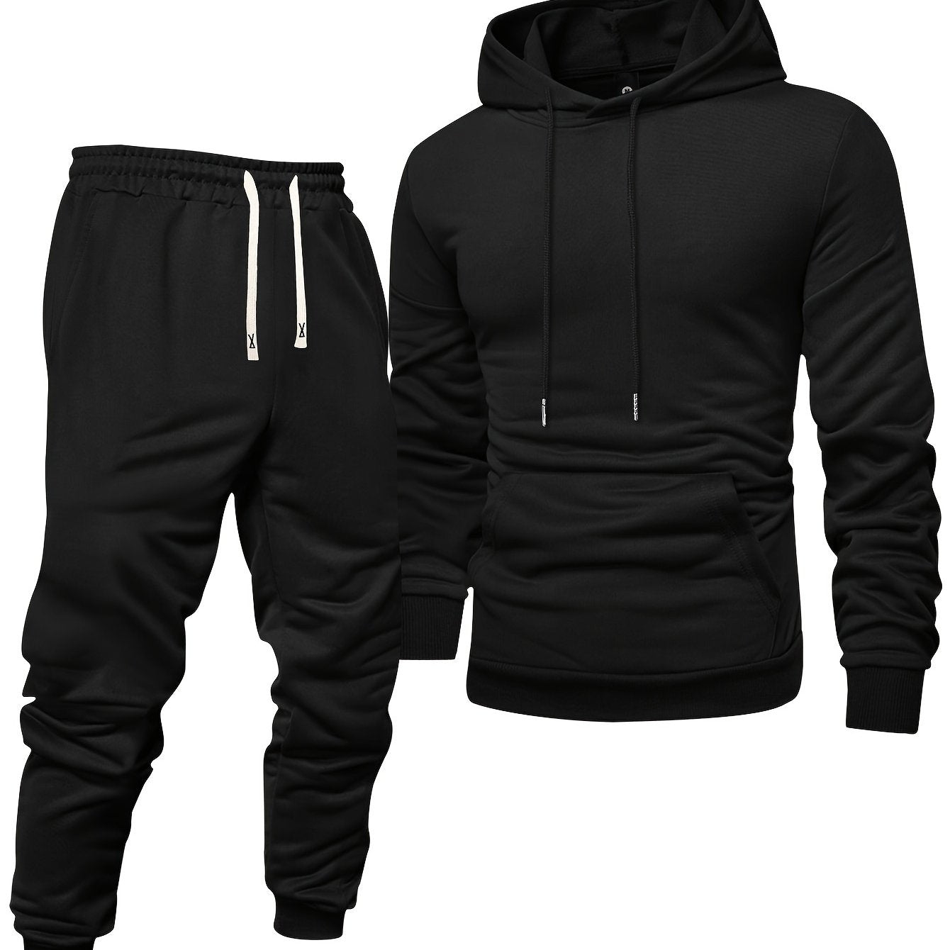 Men's Long Sleeve Hooded Sweatshirt + Threaded Sweatpants Set Spring and Autumn Solid Color Pullover Regular Long Sleeve T-shirt and Pants Belt Drawstring Casual Sports Trousers Two-piece Set