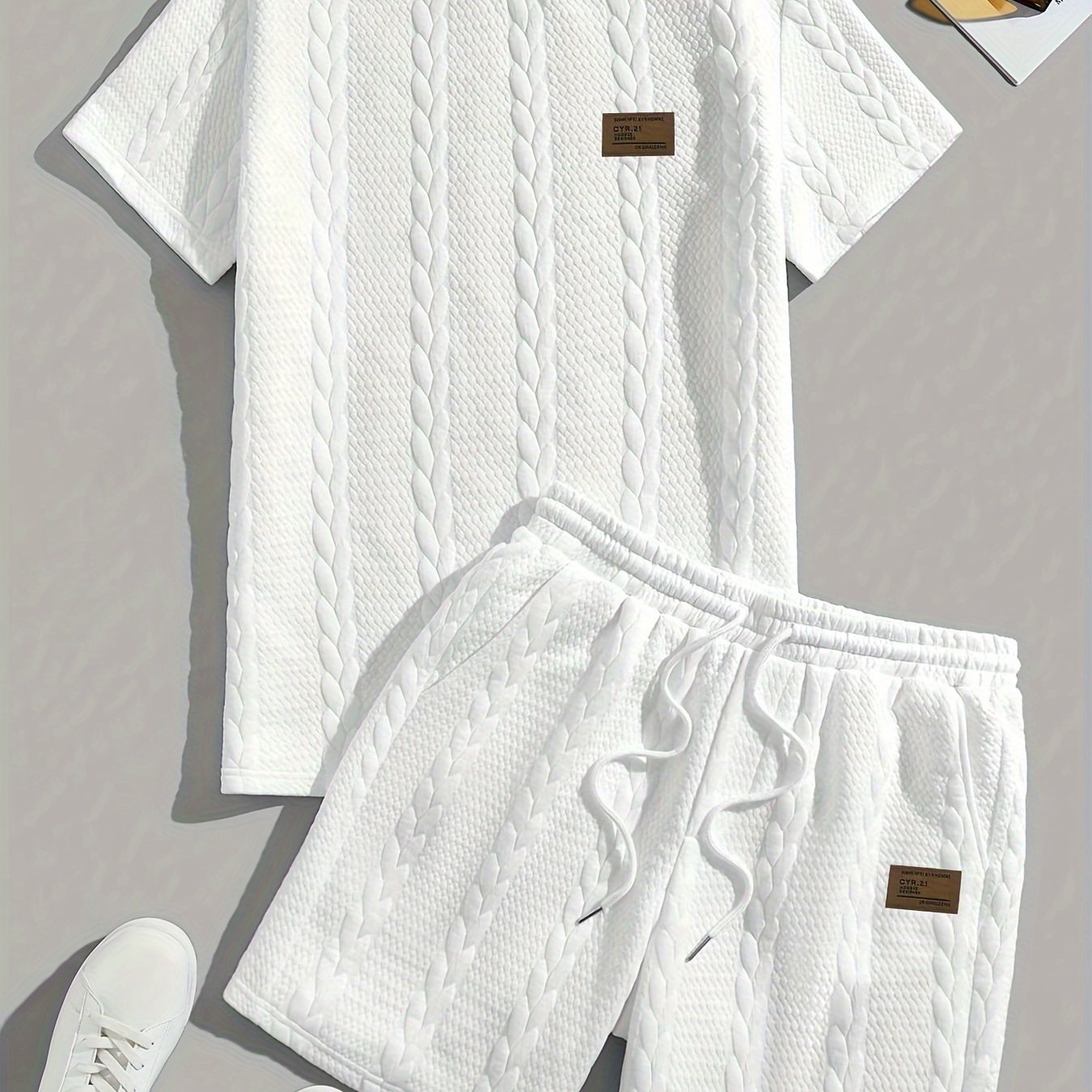Casual Crew Neck Short Sleeve T-Shirt & Drawstring Shorts - Brown, Summer Outfit