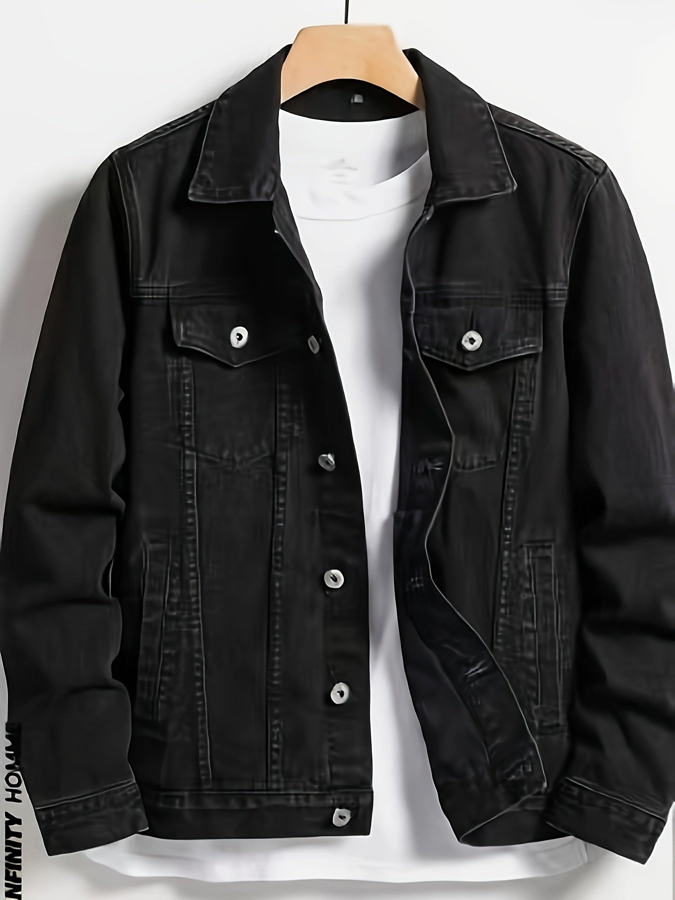 Men's Classic Cotton Denim Biker Jacket - Solid Color, Long Sleeve, Button-Up with Pockets for Spring & Fall