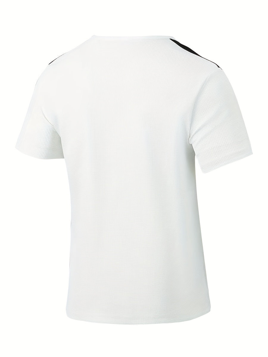 Men'S Casual Waffle Knit Short Sleeve T-Shirt with Drawstring Detail - Maroon & Black, Round Neck, Breathable Polyester Fabric for Summer Outings, Casual Weekend Wear | Round Neck Tee | Stylish Contrast Stitchin