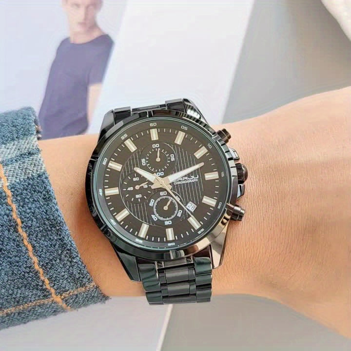 CRRJU Fashion Men's Watch, Business Solid Stainless Steel Multifunctional Chronograph Watch